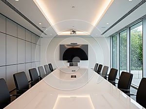 Modern conference room with large table and display