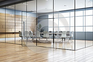 A modern conference room with a long table, chairs, and large windows on a wooden floor background, concept of business meetings.