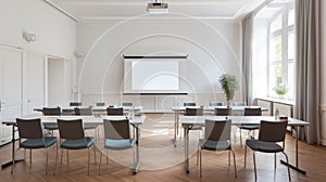 a modern conference room with white walls, a wooden floor and rows of chairs