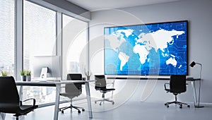 Modern conference room with world map screen. Empty business office with modern conference room background. Modern empty open plan