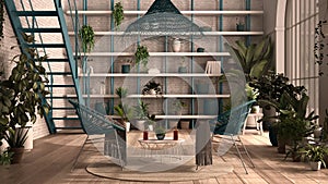 Modern conservatory, winter garden, white and blue interior design, lounge with rattan armchair, table. Mezzanine and iron