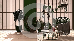 Modern conservatory, winter garden, white and green interior design, lounge with rattan armchair and table. Industrial romantic