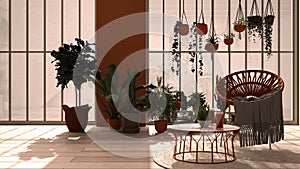 Modern conservatory, winter garden, white and orange interior design, lounge with rattan armchair and table. Industrial romantic