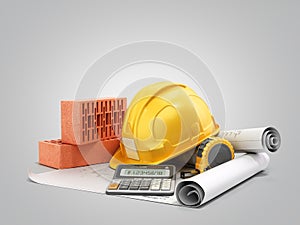 Modern construction costing concept hard hat bricks and tape measure in the drawings next to the calculator 3d render on grey