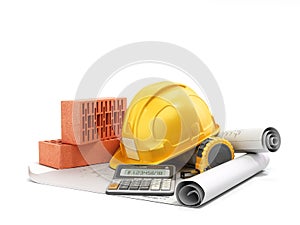 Modern construction costing concept hard hat bricks and tape measure in the drawings next to the calculator 3d render on white