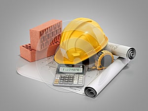 Modern construction costing concept hard hat bricks and tape measure in the drawings next to the calculator 3d render on grey