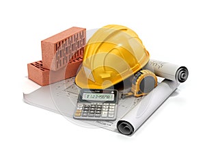 Modern construction costing concept hard hat bricks and tape measure in the drawings next to the calculator 3d render on white