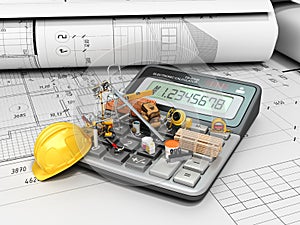 Modern construction costing concept hard hat bricks and tape measure in the drawings next to the calculator 3d render on white