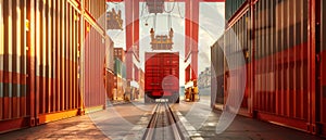 A modern container handler carries a huge red steel shipping container in the shipyard terminal. The driver operates the