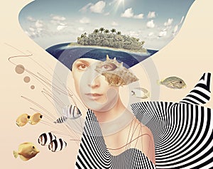 Modern contemporary art collage or design with woman and coral fish. Save marine life, travel and vacation concept.