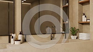 Modern contemporary bathroom interior design with toiletries, double modern sink and mirror