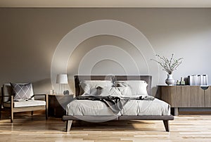 Modern contemporary bedroom with empty gray wall 3d render photo