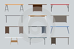 Modern, contemporary, cartoon flat style business office table vector icon set. Wooden, empty, stylish front view desk workplace