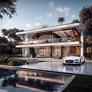 Modern, contemporary, classic style house with a luxury car parked in front of the house.