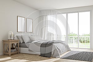 Modern contemporary cozy white bedroom with nature view 3d render