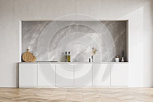 Modern contemporary design kitchen interior. White, marble and concrete stone material. wooden oak parquet floor. Mock up wall