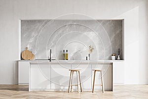 Modern contemporary design kitchen room interior. Dining island table with two stools. White and wood material