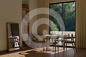 Modern contemporary dining room with laptop mockup on a dining table near the window