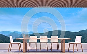 Modern contemporary dining room with mountain view 3d rendering image.