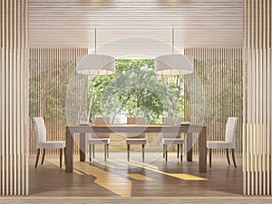 Modern contemporary dining room with nature view 3d rendering image