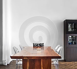 Modern and Contemporary dining room table and decorations.