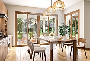 Modern contemporary dining room with wood table on which dishes are neatly arranged dishes 3d render
