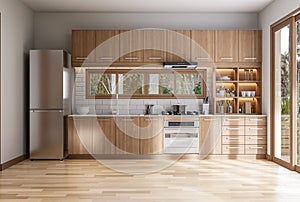 Modern contemporary empty dining room with wooden kitchen counter background 3d render