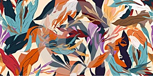 Modern contemporary exotic jungle plants illustration pattern. Creative collage floral seamless