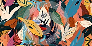 Modern contemporary exotic jungle plants illustration pattern. Creative collage floral seamless