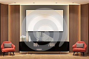 Modern contemporary foyer room with credenza & frame mock up on the wall. Set 7