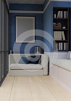Modern contemporary home or apartment living room with white sofa, frame mockup on blue wall
