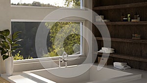 Modern contemporary home bathroom with modern built bathtub near the window