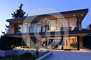 Modern contemporary illuminated house design exterior. Luxurious new construction home with panoramic windows, pool