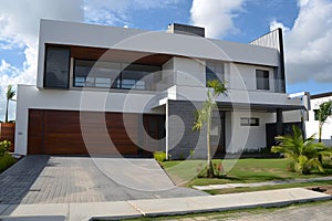 Modern contemporary illuminated house design exterior. Luxurious new construction home with panoramic windows, pool