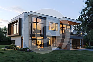 Modern contemporary illuminated house design exterior. Luxurious new construction home with panoramic windows, pool