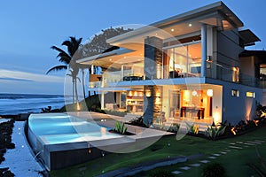 Modern contemporary illuminated house design exterior. Luxurious new construction home with panoramic windows, pool