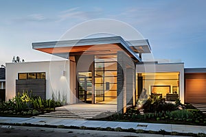 Modern contemporary illuminated house design exterior. Luxurious new construction home with panoramic windows, pool