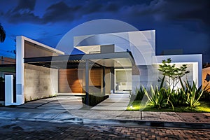 Modern contemporary illuminated house design exterior. Luxurious new construction home with panoramic windows, pool