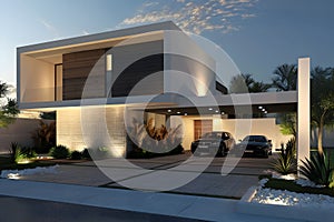 Modern contemporary illuminated house design exterior. Luxurious new construction home with panoramic windows, pool