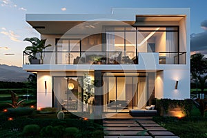 Modern contemporary illuminated house design exterior. Luxurious new construction home with panoramic windows, pool