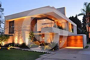 Modern contemporary illuminated house design exterior. Luxurious new construction home with panoramic windows, pool