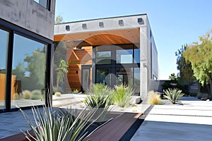 Modern contemporary illuminated house design exterior. Luxurious new construction home with panoramic windows, pool