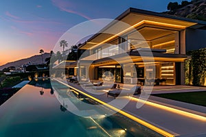 Modern contemporary illuminated house design exterior. Luxurious new construction home with panoramic windows, pool