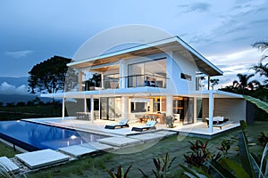 Modern contemporary illuminated house design exterior. Luxurious new construction home with panoramic windows, pool