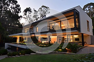 Modern contemporary illuminated house design exterior. Luxurious new construction home with panoramic windows, pool