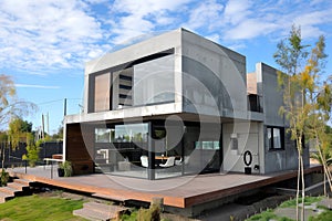 Modern contemporary illuminated house design exterior. Luxurious new construction home with panoramic windows, pool