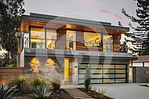 Modern contemporary illuminated house design exterior. Luxurious new construction home with panoramic windows, pool