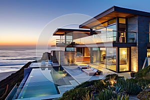 Modern contemporary illuminated house design exterior. Luxurious new construction home with panoramic windows, pool