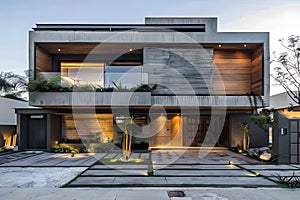 Modern contemporary illuminated house design exterior. Luxurious new construction home with panoramic windows, pool