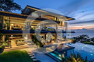 Modern contemporary illuminated house design exterior. Luxurious new construction home with panoramic windows, pool